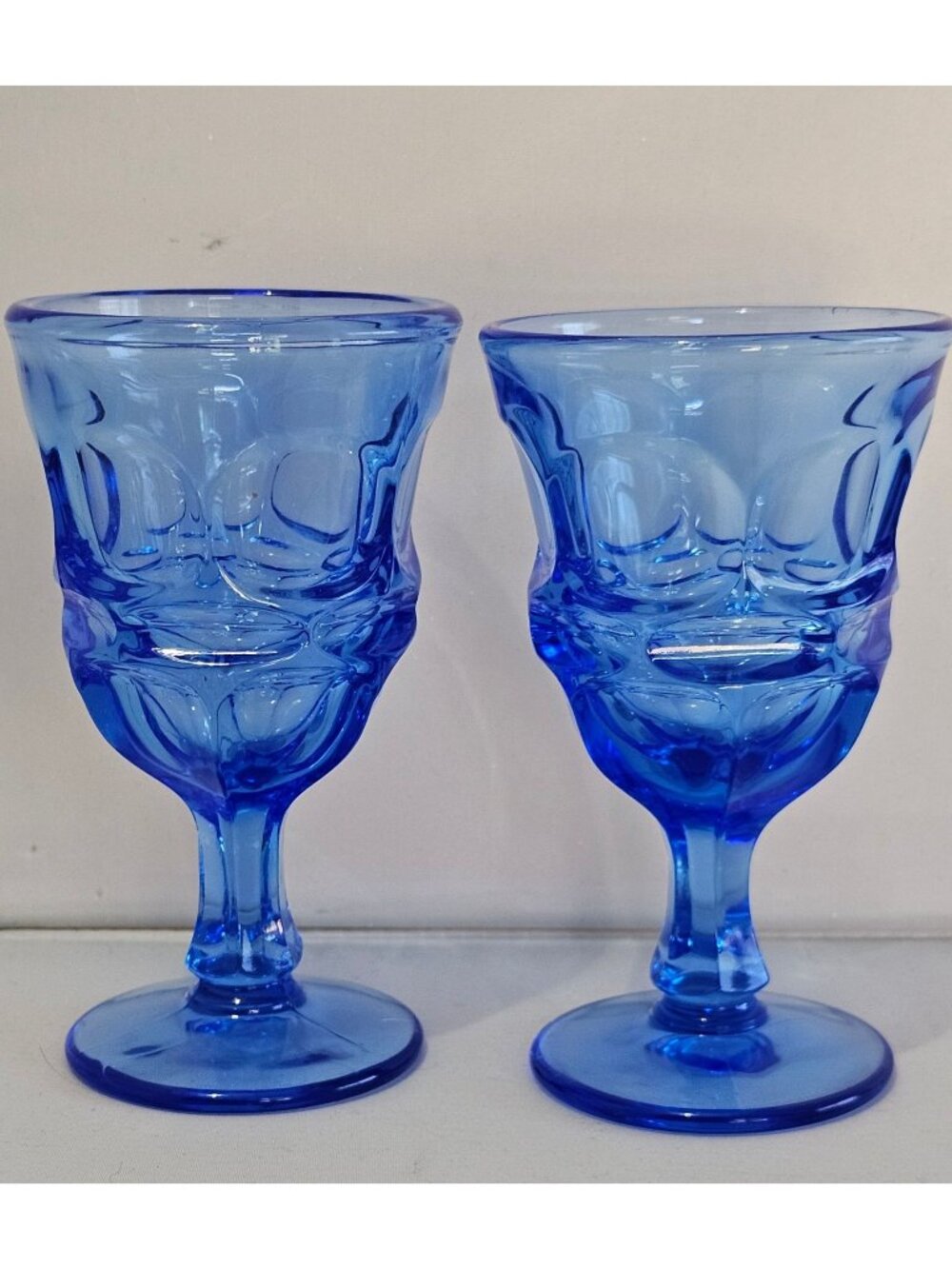 2 Fostoria Argus Blue Wine Glasses 1980s thumbprint goblets glass stemware decor